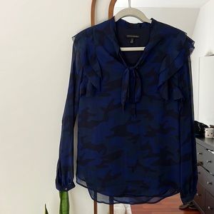 Camo ruffle/tie blouse